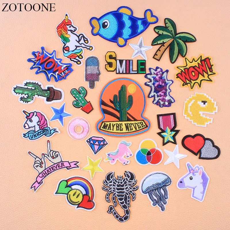 

ZOTOONE Iron On Unicorn Rainbow Cactus Patches For Clothing Transfer Embroidery Letter Animal Military Patch Stickers Applique E