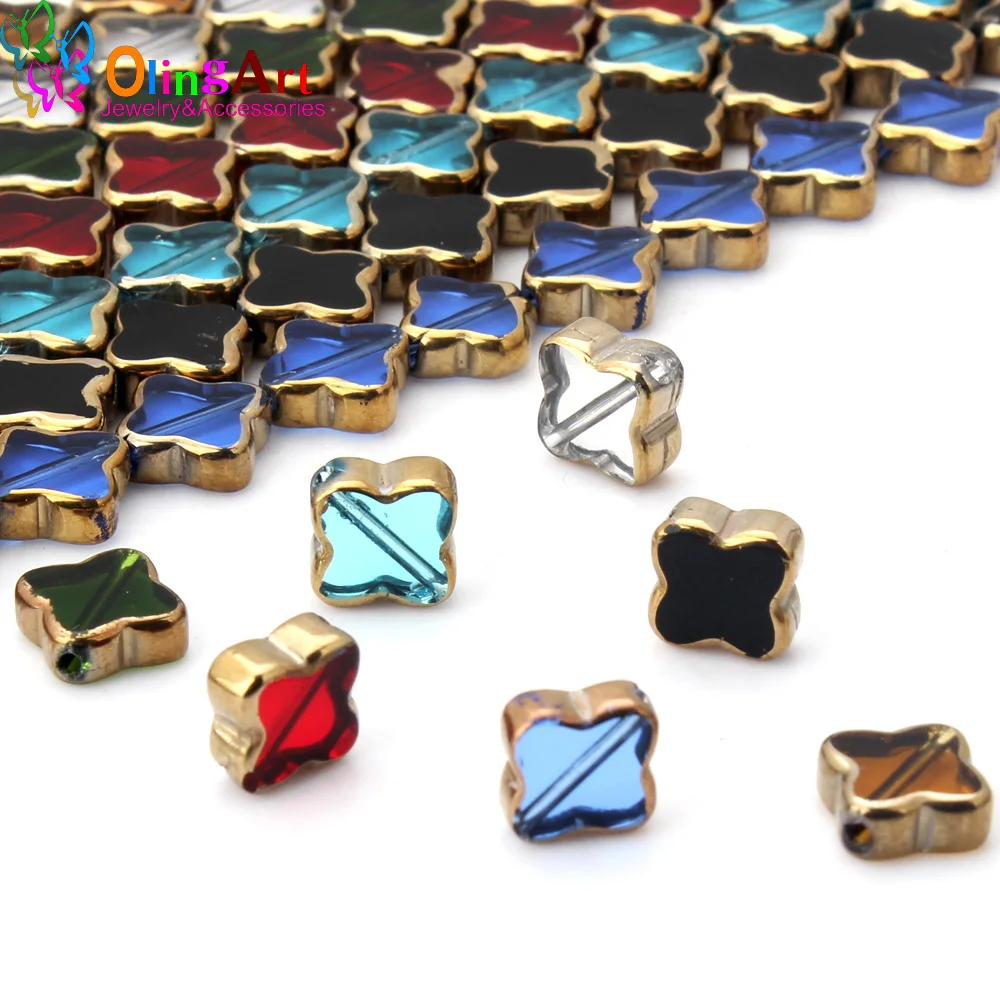 

OlingArt 8MM 12pcs/lot Glass crystal Metal plating Mixed color Four-leaf clover shape beads DIY necklace Bracelet jewelry making