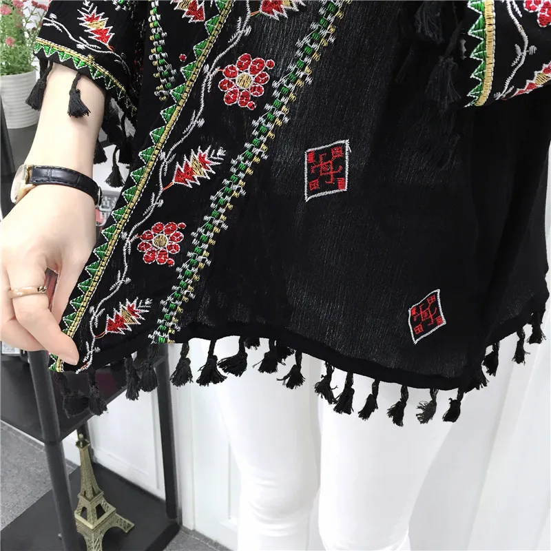 TingYiLi Ethnic Boho Kimono Cardigan Vintage Floral Embroidery Cardigan Girl Beige Black White Cardigans Women Summer 6