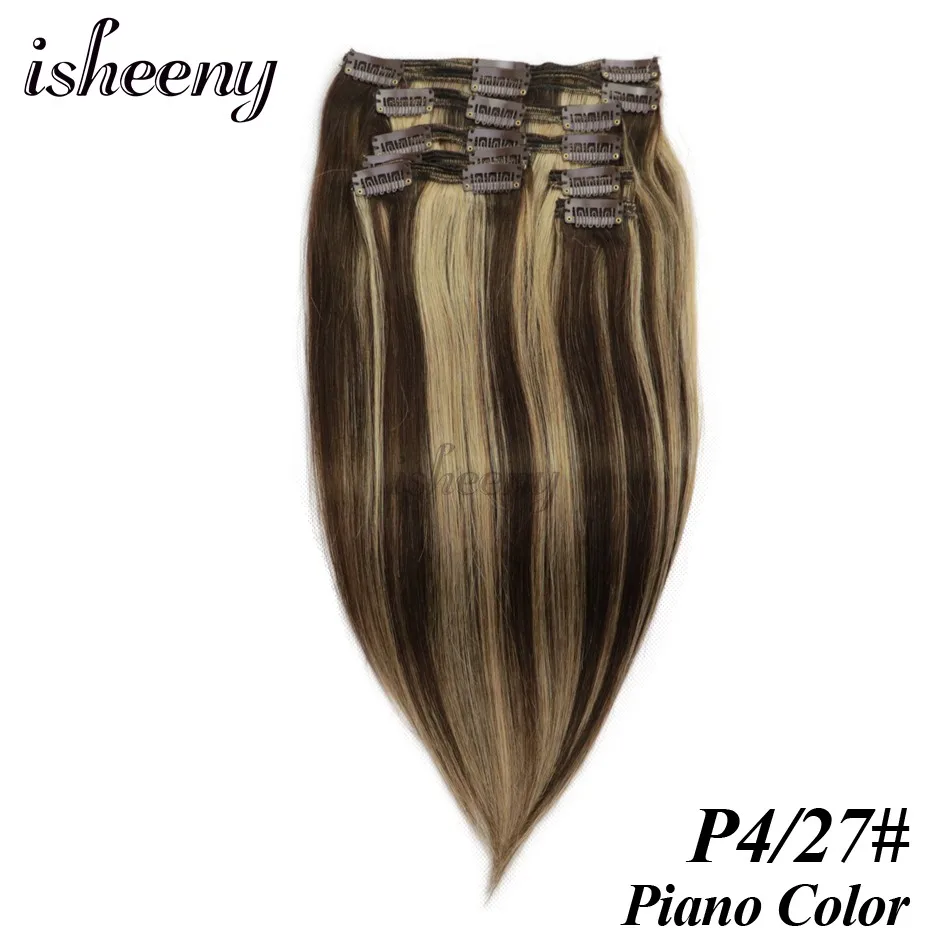 Isheeny 1"-20" волосы Remy на заколках для наращивания, человеческие волосы на прямой 8 шт./компл. бесшовные натуральный для наращивания на заколках, бразильские Однотонная одежда - Цвет: # P4/27