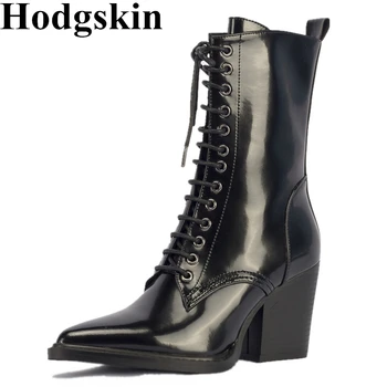 

Luxury Patent Leather Lace Up Zipper Women Boots Pointed Toe Thick High Heels Ankle Boots Woman Motorcycle Short Boots