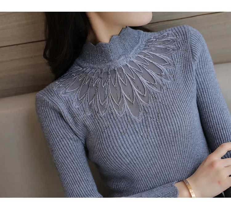 High Elastic Knitted Sweater Women 2019 Autumn Winter Lace Patchwork Long Sleeve Women Sweaters And Pullovers Female Pull Femme