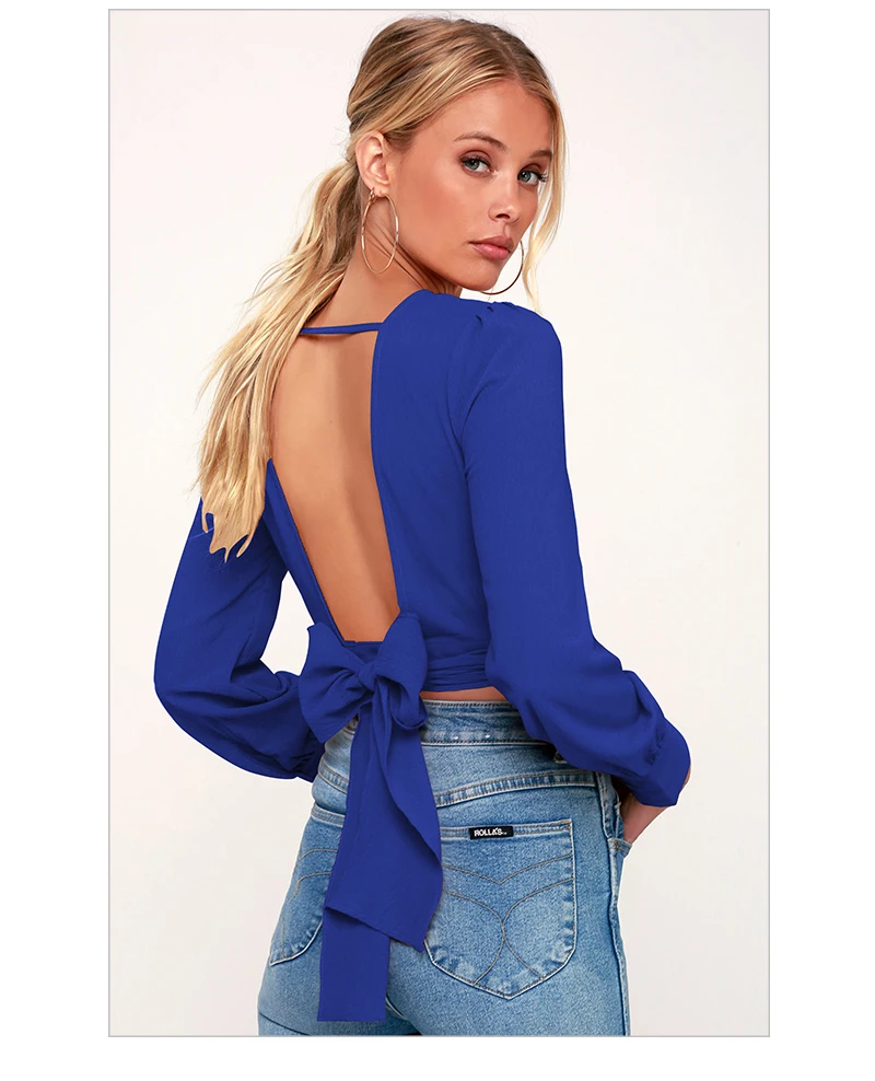 Backless Crop Top Mujer T Shirt Women Sexy Long Sleeve T Shirts Ladies Plus Size Tops Spring Short Tshirt Bandage Solid T-shirt  (12)