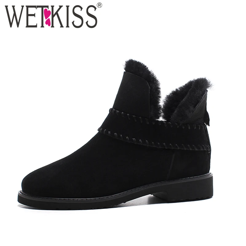 

WETKISS 2018 Cow Suede Wool Blend Snow Boots Women Keep Warm Winter Shoes Woman Chunky Heels Plush Footwear Female Fur Boots