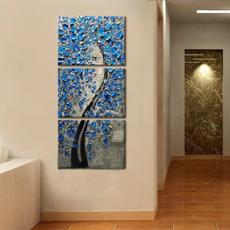 

Hand Painted Abstract Blue Flowers Oil Painting on Canvas Acrylic Floral Paintings Palette Knife Decor Wall Art 3 Panel Pictures