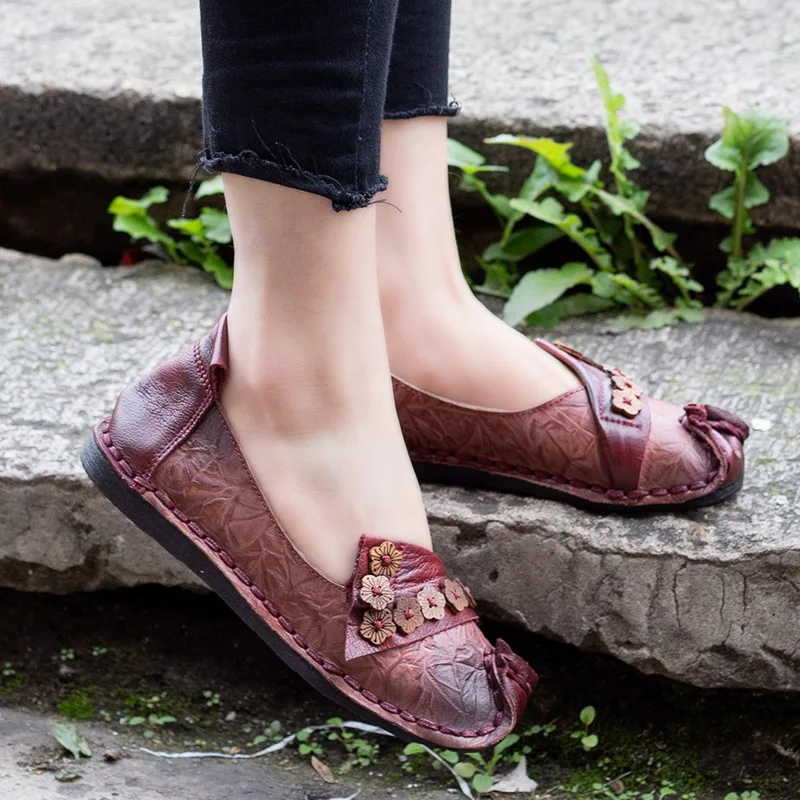 Loisirs 1 Femmes red D'été Appartements En Plat Chaussures Véritable Gray Fleurs La T97256 Et Artdiya Main Rétro À Cuir D'origine Nouveau Printemps mvnO0w8Ny