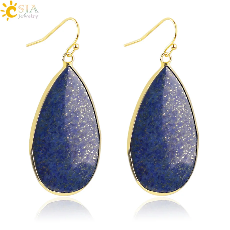 

CSJA Gold Color Water Drop Dangle Earring Yellow Pink White Hook Earrings Natural Stone Lapis Lazuli Women Jewellery Gift E262