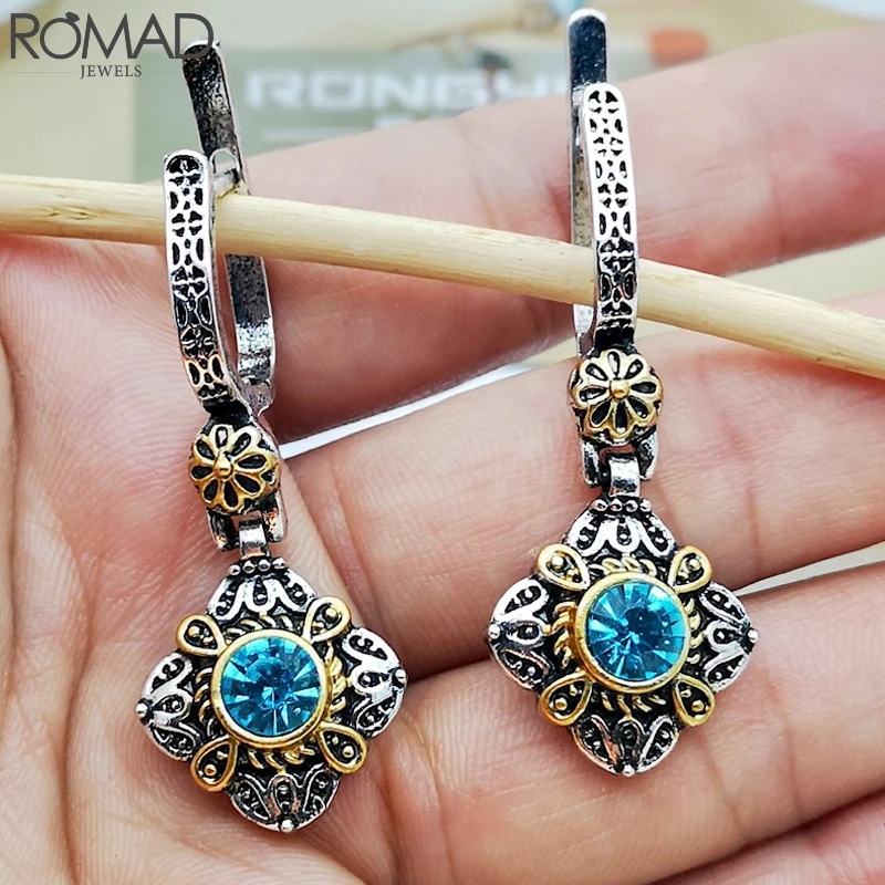 

ROMAD Long Vintage Earrings For Women Retro Stone Drop Earrings Party Jewelry Boho Blue Gem Stone Earring Flower arete Indian R5