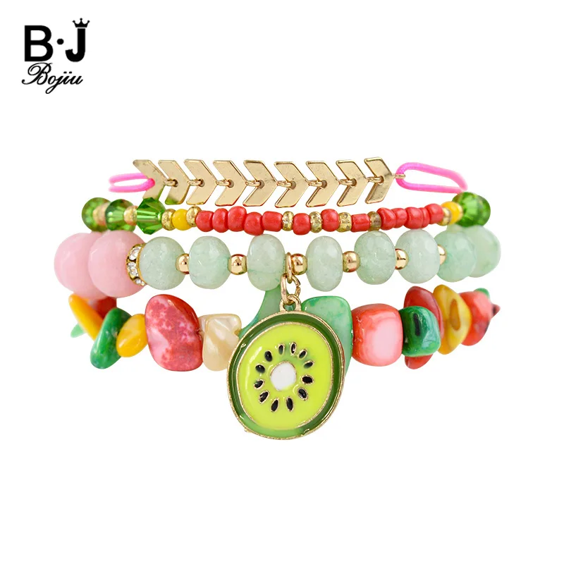 

BOJIU Fruit Tassel Chain Charm Bracelets For Women Shell Slice Colored Natural Stone Copper Beads Bracelet Set Femme BCSET145