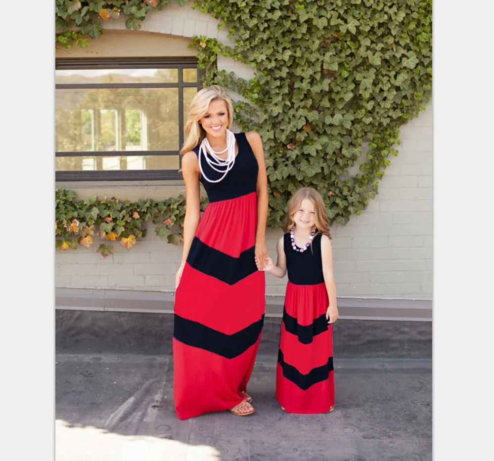 

ZOGAA 2019 Black and Red Stripes Spring and Summer Round Collar Women's Dresses Causal Mommy and Me Matching Family Outfits