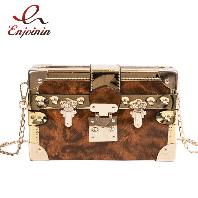 

Fashion Metal Corner Retro Buckle Leopard Pattern Box Design Women Party Clutch Bag Shoulder Bag Tote Crossbody Bag Female Flap