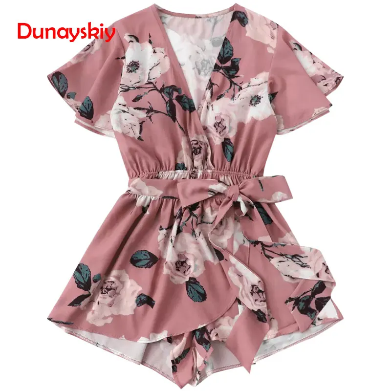 

Floral Print Belted Waist Tied Layered Playsuit Women Fall Loose Plunging Neck Butterfly Sleeve Mini Playsuits 2019 Overalls