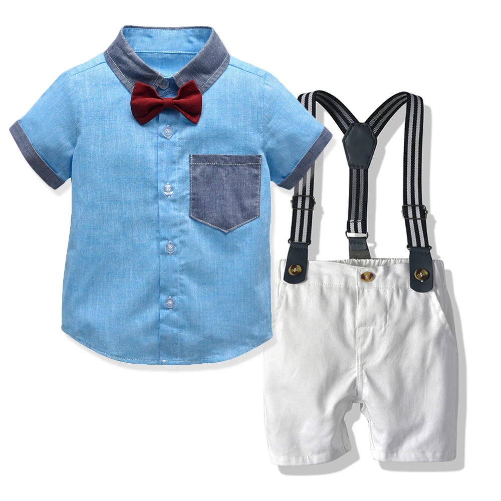Летние комплекты одежды для детей в джентльменском стиле хлопковые детские костюмы из 4 предметов Одежда для мальчиков Однотонная рубашка с короткими рукавами+ галстук-бабочка+ подтяжки+ шорты