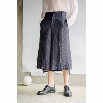 

S~4XL! New 2019 Men's Clothing PLUS SIZE Independent original linen thin wide leg pants retro stripe loose seven points pants