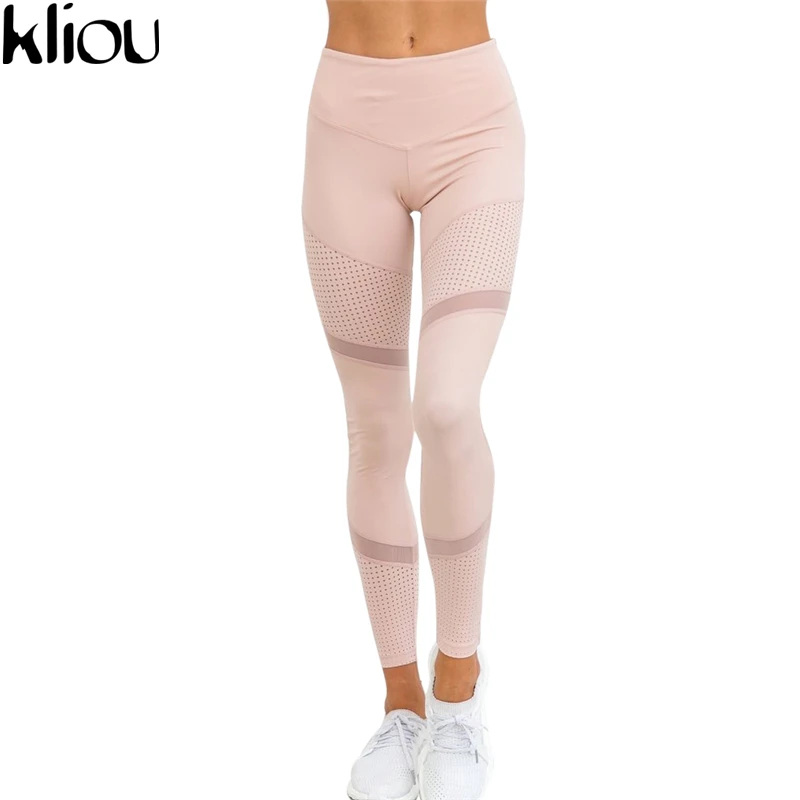 Kliou Новые женские модные длинные однотонные облегающие спортивные леггинсы штаны с прозрачными сетчатыми вставками - Цвет: Розовый