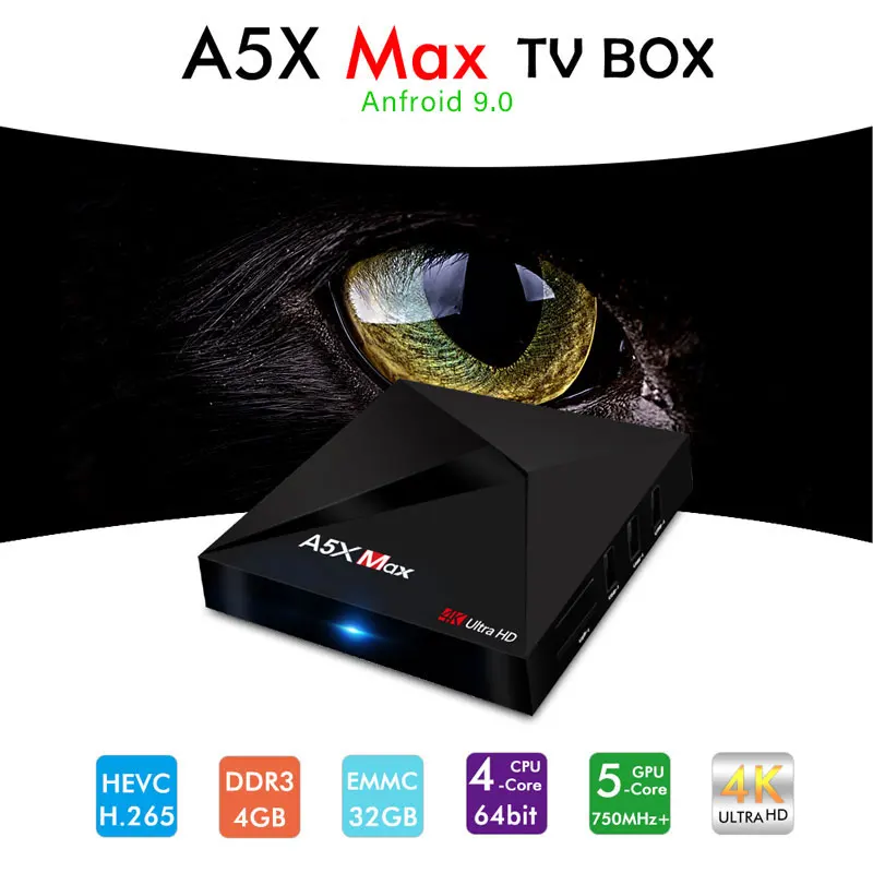 A5X ماكس 4 GB 32 GB مربع التلفزيون الذكية الروبوت 9.0 RK3328 رباعية النواة 2.4G WiFi BT4.0 UHD 100 M HD2.0 4 K مشغل الوسائط مجموعة أعلى مربع