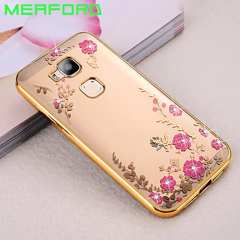 

Capa For Huawei G8 GX8 Case Transparent Soft TPU Plating Case Flower Bling Rhinestones Cover For Huawei GX8 RIO L01 L02 5.5"