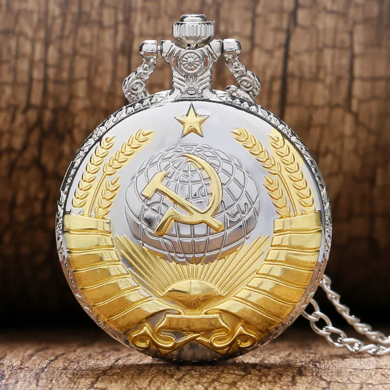 

2018 Soviet Sickle Hammer Quartz Pocket Watch Men Women Pendant Vintage Bronze Necklace Gift