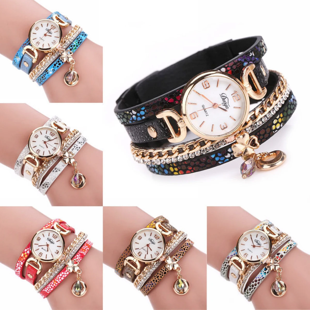 Women's Crystal Rhinestone Leopard Leather Chain Wrap Bracelet Wrist Watch