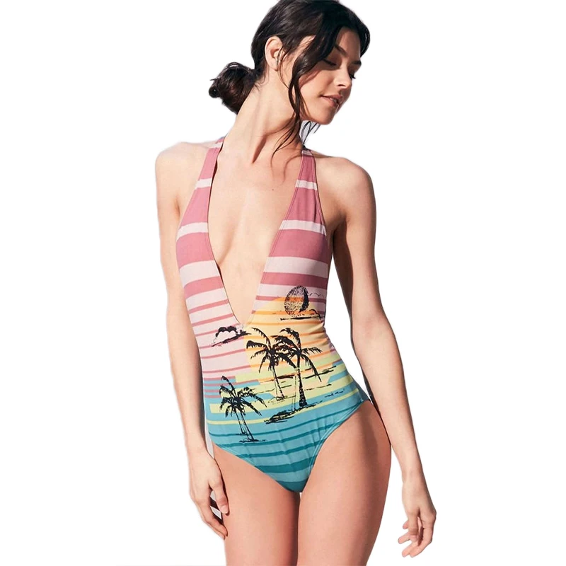 Черная пятница предложения Гавайи Сплит танкини печати сексуальный открытая спина женский цельный купальник монокини купальник купальный костюм