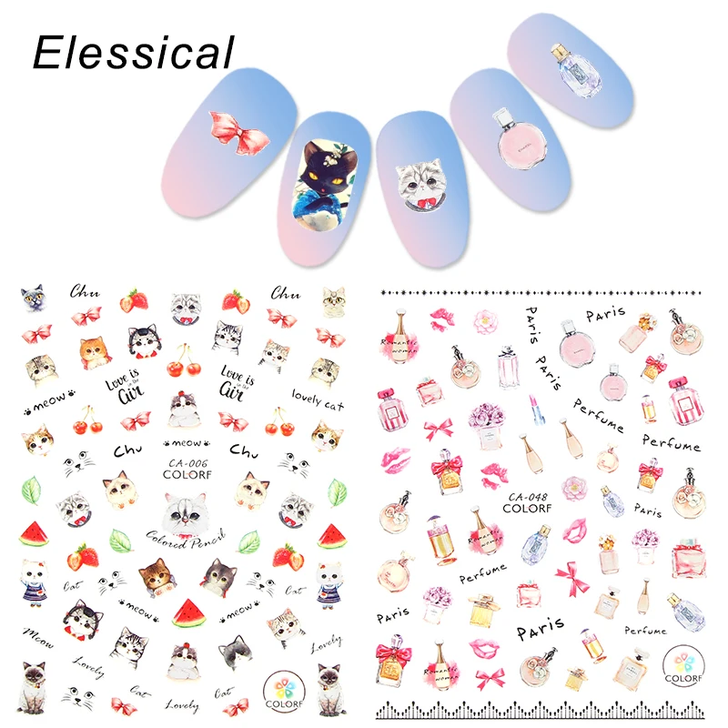 

ELESSICAL Cute Cat Unicorn Flamingo Pattern Cartoon Theme Nail Stickers Water Nail Art Decals DIY Transfer Stamp For Nail Decors