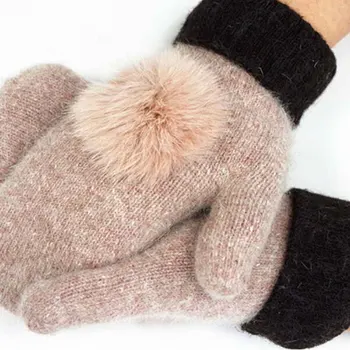 

New Double Women Cover Gloves Mittens Solid Color 100% Wool Knitted Rabbit Fur Balls Warm Soft Thick Winter