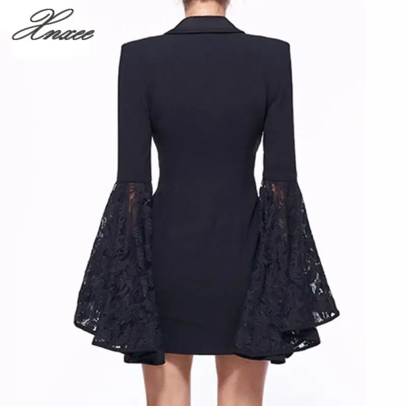 Spring and Autumn large size new women's lapel double-breasted trumpet sleeves long blazer