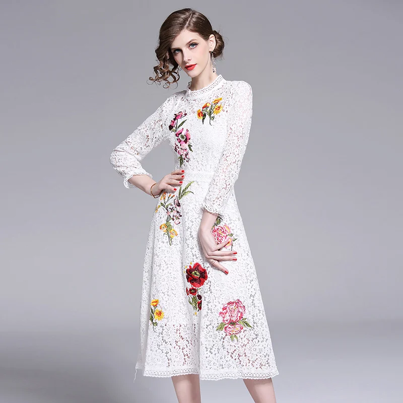 

New Women Flower Embroidered White Lace Dress Zomerjurk Dames Hollow Out Bag Hip Sexy Midi Party Dress Zomer Jurk K6196