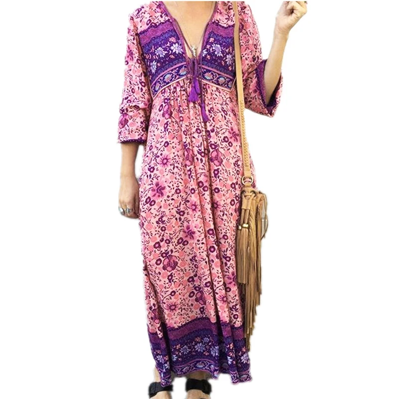 

Tassel Dress Irregular Beach Summer Spring Chiffon V Neck Kimono Plunge Flowy Maxi Bohemian Ladies Midi Kaftan