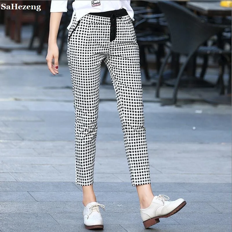 blue and white check pants