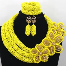 Trendy Yellow Nigerian Crystal Women Beads Jewelry Set African Wedding Bride Necklace Braid Flower For Brides Free Ship QW500
