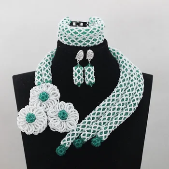 

Handmade Green African Wedding Bridal Beads Jewelry Set White Flower Bridal Necklace Bracelet Earrings Gifts Free Shipping QW715
