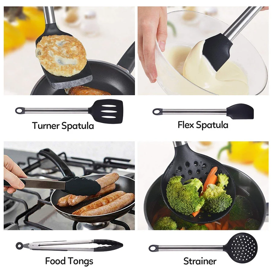9 Piece Cooking Utensils and Utensil Holder, for nonstick cookware - Made Of Silicone and Stainless Steel, Kitchen Utensils 9 Piece Cooking Utensils and Utensil Holder, for nonstick cookware - Made Of Silicone and Stainless Steel, Kitchen Utensils