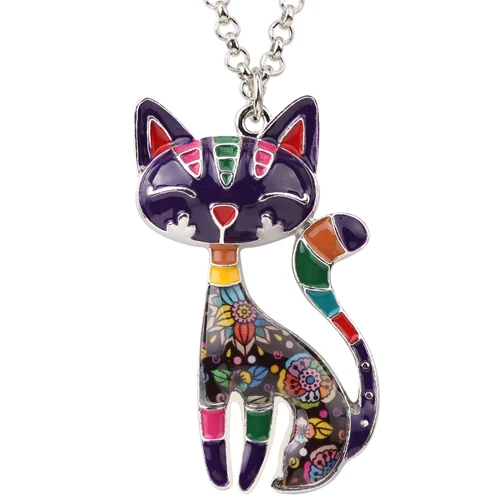 WEVENI массивное эмалированное кошачье ожерелье с котенком подвеска с зеркальным эффектом Цепочка Воротник сувенир Новая мода ювелирные изделия для женщин - Окраска металла: Purple