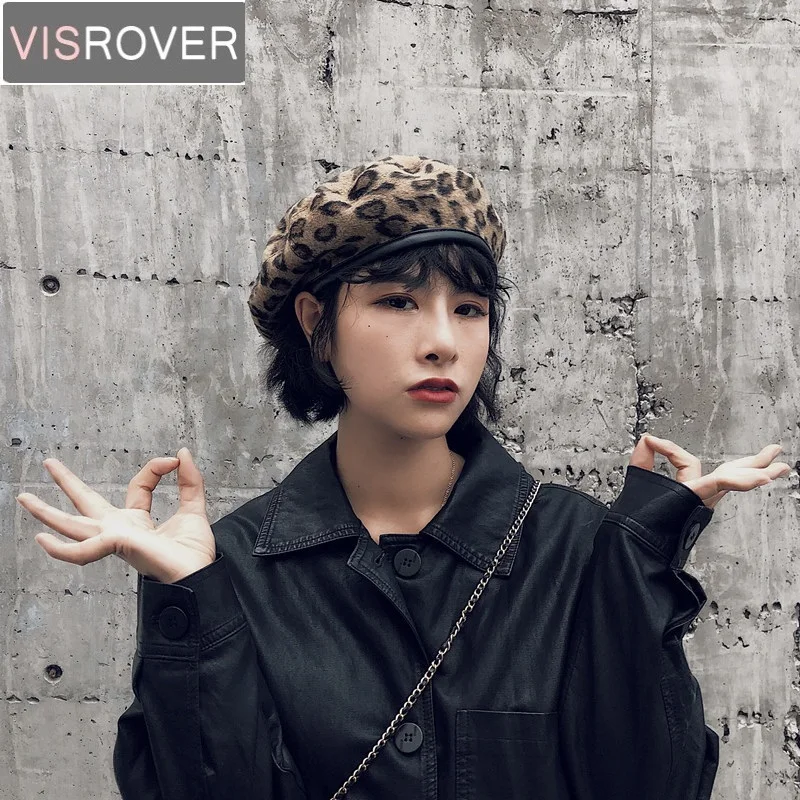 

VISROVER 2018 New Leopard Print Women Winter Berets Animal Print Vintage Sexy Chic Girl Baret Wool Cashmere Beret Knitted Hats