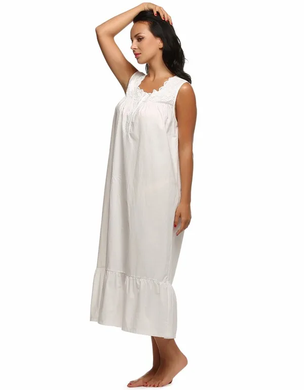 Ekouaer для женщин Ночная рубашка без рукавов Длинные пижамы белый цветочный повседневное Стиль Хлопок Ночное платье свободные удобные дом