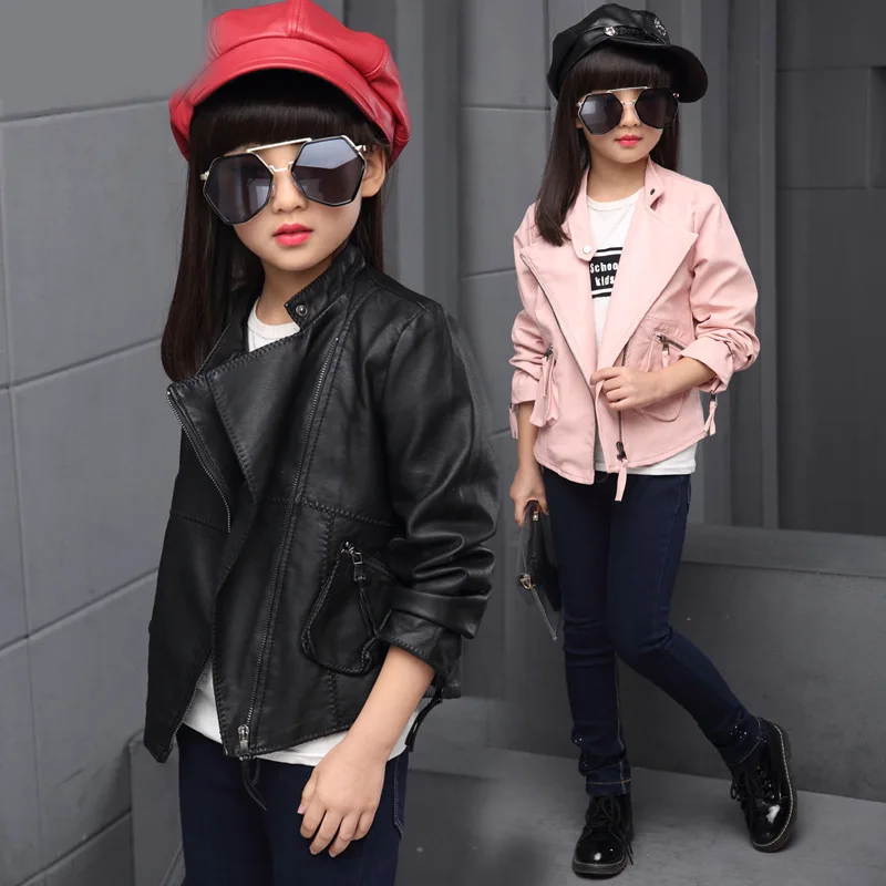 

2017 New Spring Baby Girl Leather Jacket Fashion Design Kid PU Coat Solid Color Turn-down Collar Children Autumn Outwear Jackets