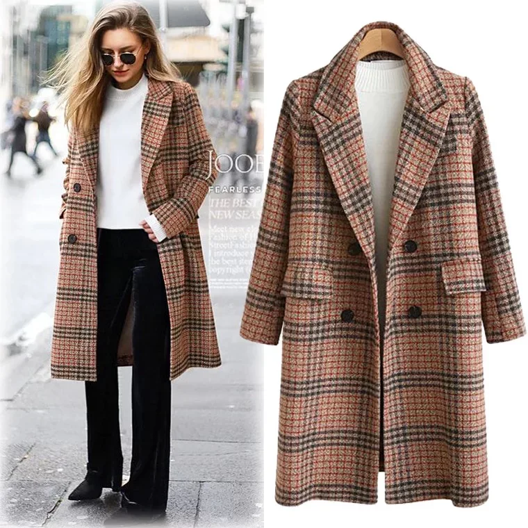 Koop Vrouwen nieuwe mode herfst en winter grote size turn down kraag jassen en loopgraven met lange mouwen en plaids