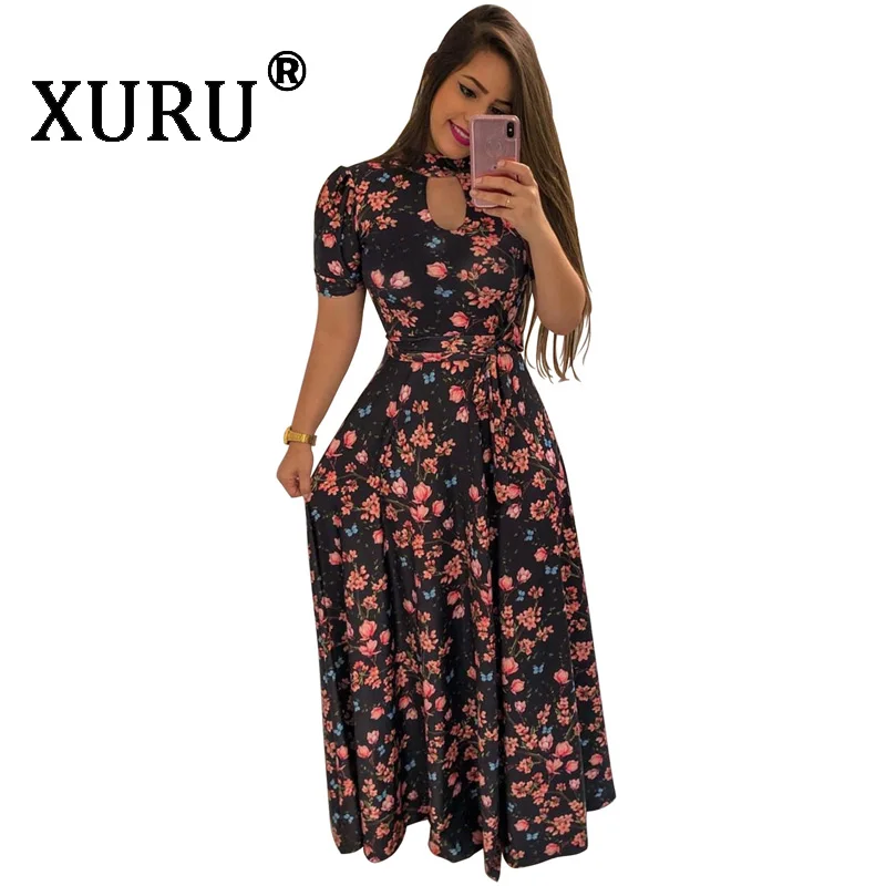 

XURU Bohemian Print Loose Long Dress Sexy Fashion Cuihua Big Beach Dress XL S-3XL-5XL Summer Short Sleeve Dress