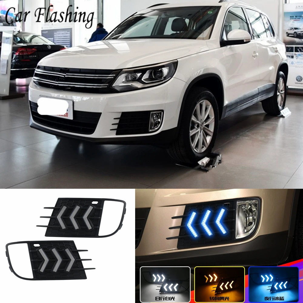 Автомобильный мигающий 2 шт. для Volkswagen Tiguan DRL Дневной ходовой светильник DRL с желтым поворотом ночного синего цвета