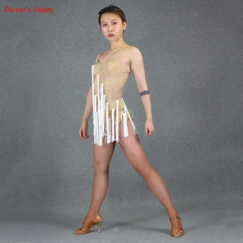

Free Custom Latin Dance Dress Women Dancing Performance Competition Clothes Sexy Backless Diamond Tassel Beveled Dresses