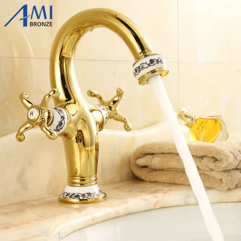 

10" Golden Polished Porcelain Bathroom Basin Brass Faucets Sink Faucet Mixer Tap 9006GP