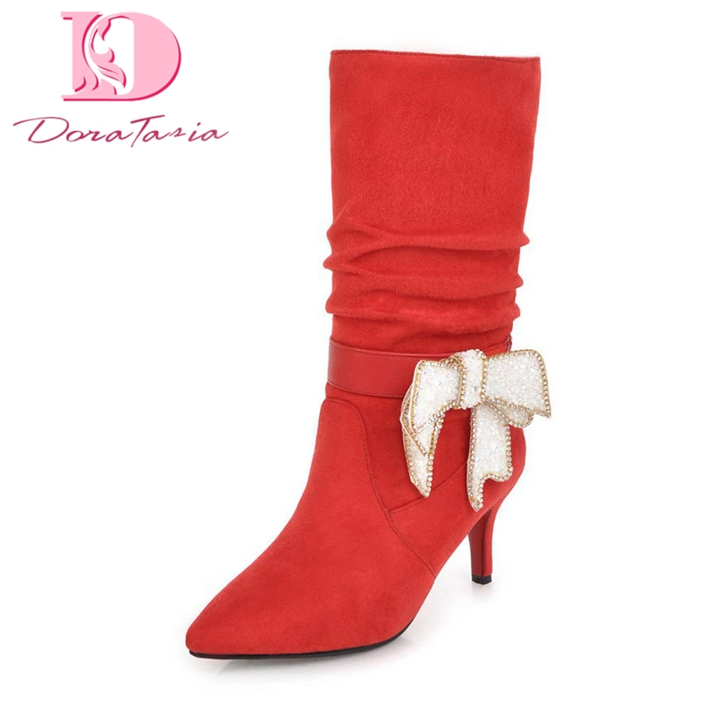 

DoraTasia Large Size 32-43 Slip On Sweet Bowtie Woman Boots Shoes Women Platform High Heels Mid Calf Boots Woman Shoes