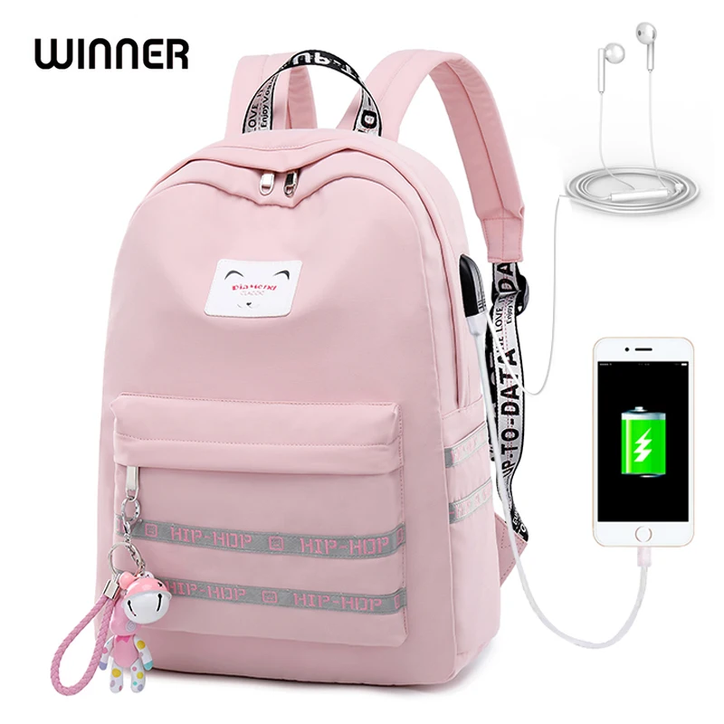 Продажа WINNER 2018, водонепроницаемый женский рюкзак с usb зарядкой, Mochila для женщин, школьная сумка, рюкзак для ноутбука, милый рюкзак с подвеской в виде к...