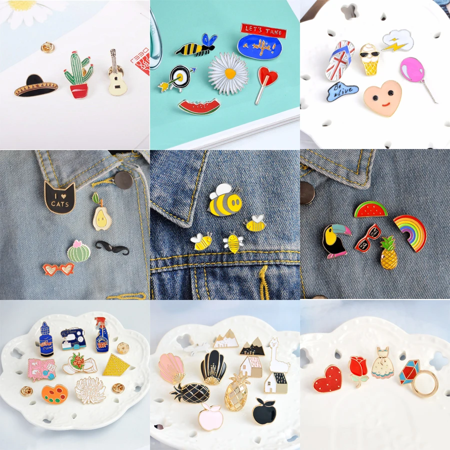 

3-11 pcs/set Cartoon Brooches Set Bee Rainbow Cactus Potted Flower Detergent Toilet Enamel Pins Badges Brooches For Friend Kid