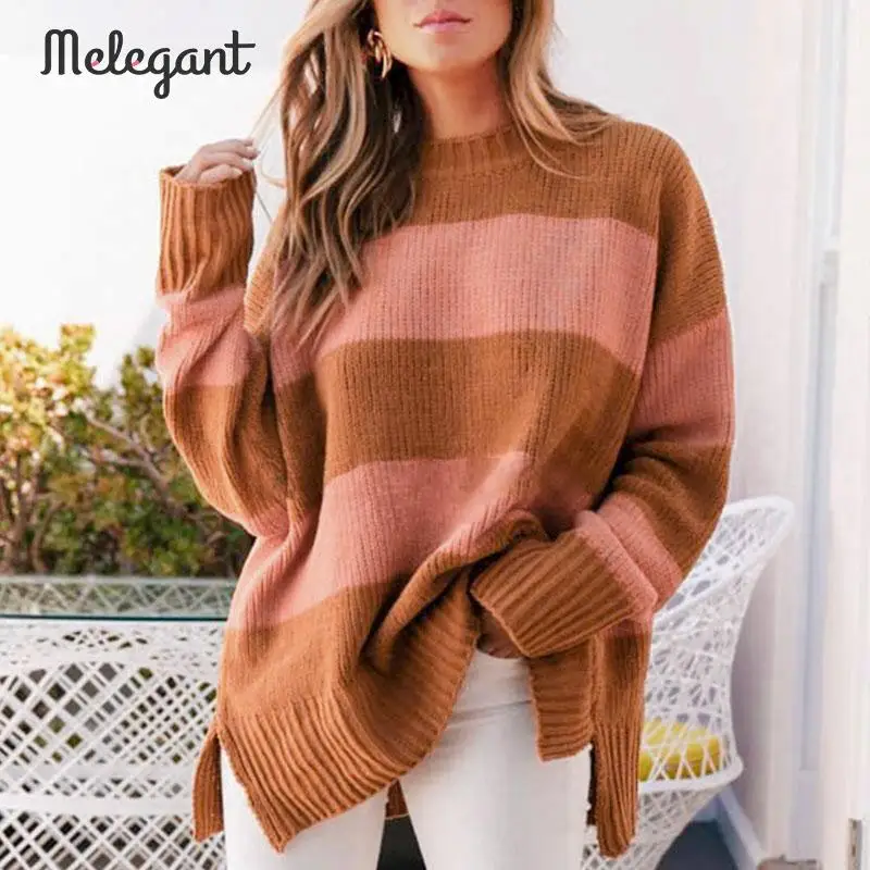 

Melegant Stripe Patchwork Loose Casual Winter Sweater Women Knitted Sweater Knitwear Femme Sweaters Pullover Plus Size