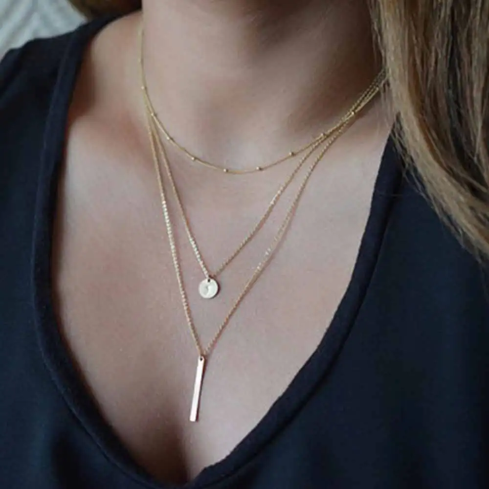 

FAMSHIN 2017 Women's Fashion Jewelry Colar 1pc European Simple Gold Silver Plated Multi Layers Bar Coin Necklace Clavicle Chains