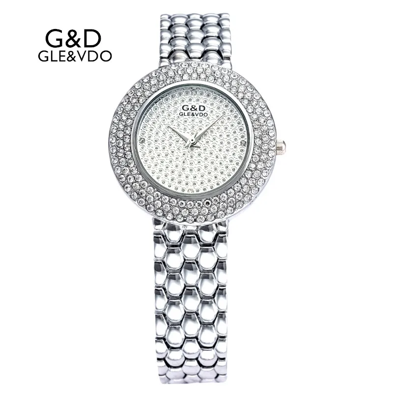 

2017 G&D GLE&VDO Luxury Womens Quartz Watches Silver Womem's Bracelet Watches Rhinestone Ladies Dress Watch Steel reloj mujer