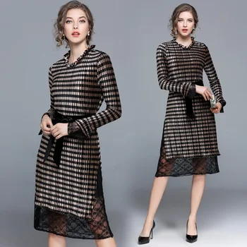 

Europe pleuche fashion stripe print long sleeve holiday lace women vintage vestidos velvet clothes with belt casual outfit S-XL