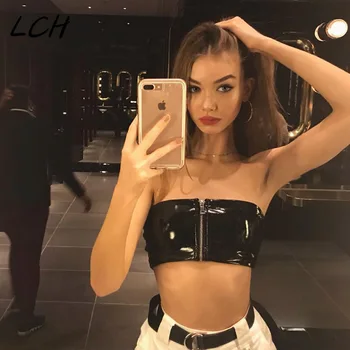 

black stretchy PU leather zipper tank top 2019 women crop top fashion party club wear sexy camis